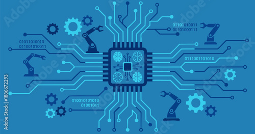 Central microchip surrounded by robotic arms and circuit pathways in a blue-toned technological landscape viewed from directly above