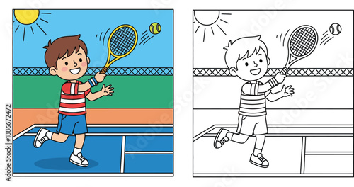 Cute cartoon boy playing tennis on court. Vector illustration of coloring book page for kids with colored example and black and white outline.