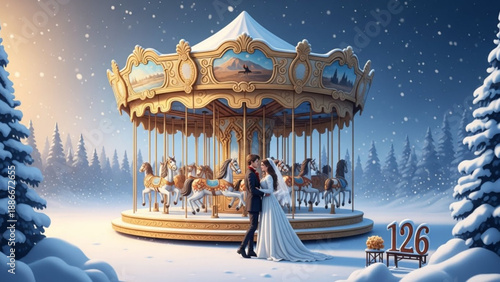 Magical winter carousel with a wedding couple romantic snowy landscape and festive lights perfect for holiday and love concepts