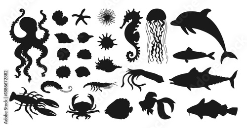 Underwater marine life silhouette hand drawn vector illustration set. Octopus, seahorse nautilus shell fish crab, lobster starfish seashells shadow. Modern art press stencil, coastal ocean retro mood