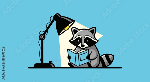 Cartoon raccoon reading under lamp light