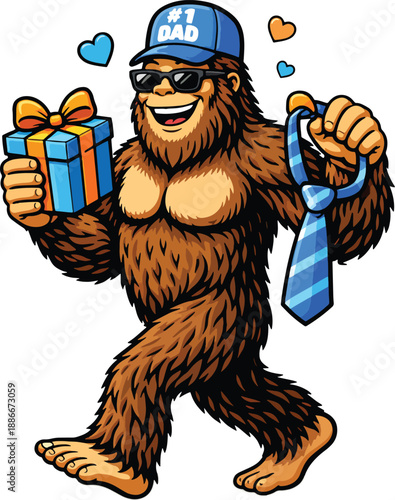 Best Dad Bigfoot Mascot with Gift Box, Tie and #1 Dad Hat Vector Illustration