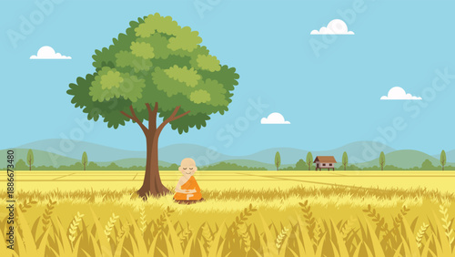 Spiritual Landscape with Meditating Monk Under a Tree in Rural Thailand flat design.