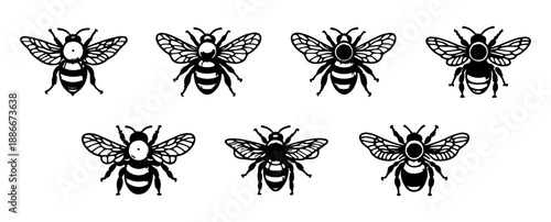 Bee Silhouette Icon Set Isolated on White, Bumblebee Vector Collection for Logo and Design