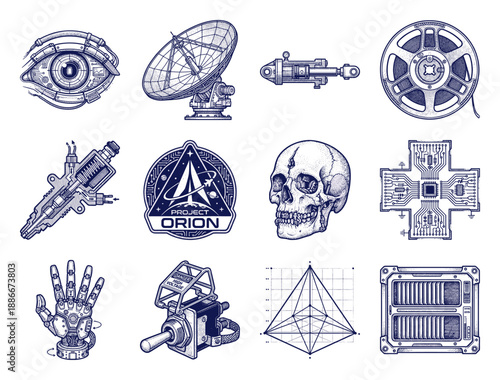 Retro Woodcut Aerospace and Cybernetic Element Kit for Sci-Fi Technical Design