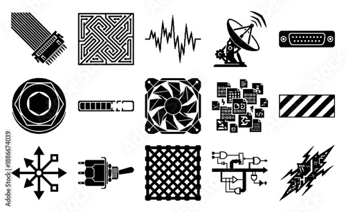 Minimalist Black Vector Hardware and Engineering Element Kit for Industrial Technology and Electronic Design