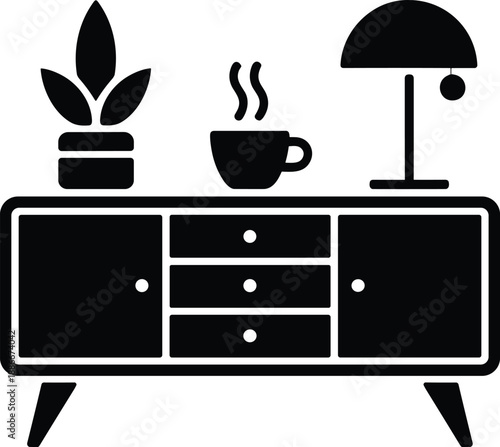 Black silhouette of mid-century sideboard with drawers, lamp, coffee cup, potted plant, minimalist furniture, cozy interior, home decor concept