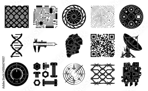 Industrial Cyberpunk Silhouette Element Kit for High-Tech Engineering and Science Graphics