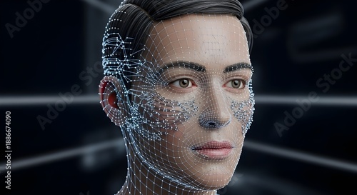 Advanced Technology Human Face with Glowing Digital Grid and AI Data
