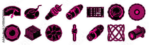 Isometric Synthwave Electronic Components and Audio Hardware Asset Sheet for Music Production Visuals