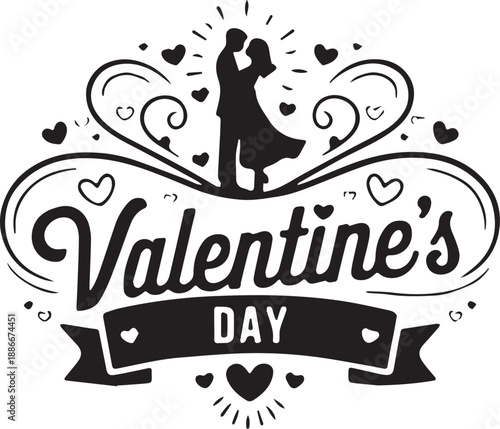 Black and white vector illustration of romantic couple with swirls, hearts, and “Valentine’s DAY” text