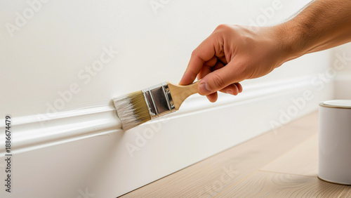 Wallpaper Mural A person paints white trim along a wall, with a paint can nearby, showcasing home renovation with light wood flooring Torontodigital.ca