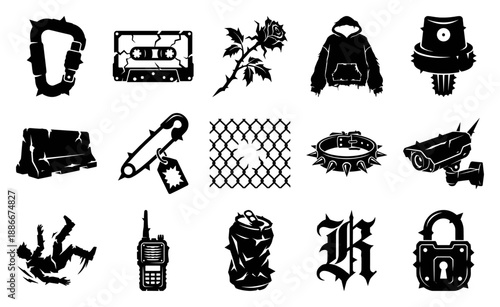 Grungy Streetwear Punk Graphics Asset Sheet for Distressed Urban Underground Fashion and Subculture Branding