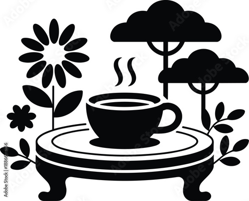 Black silhouette of round coffee table with steaming cup, floral and tree elements, whimsical outdoor decor, peaceful nature-inspired concept