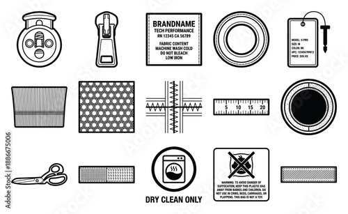 Flat Vector Garment Manufacturing and Apparel Hardware Element Kit for Technical Design Sheets