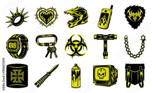 Y2K Cyber Grunge Vector Asset Kit featuring Tribal Biohazard and Edgy Streetwear Elements for Graphic Apparel