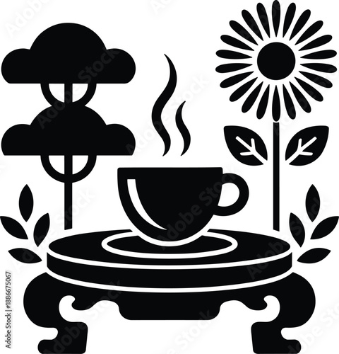 Black silhouette of round tea table with steaming cup, floral and tree elements, peaceful nature-inspired decor, cozy relaxation concept