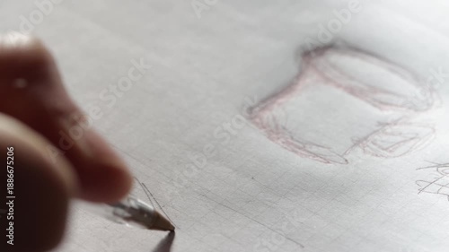 Drawing and sketching on page with black ink. Hand drawing a sketch with a pen on graph paper under direct light. Business and architectural notes