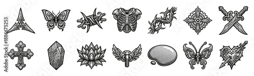 Vintage Engraving Gothic Cyberpunk Element Kit for Dark Aesthetic Apparel and Tattoo Design