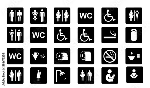  Public restroom and facility signage icon set black and white universal symbols