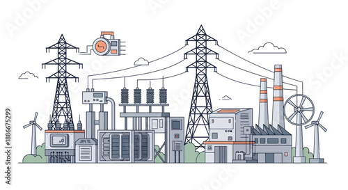 An intricate illustration depicting a modern power generation and distribution facility, showcasing various energy sources and infrastructure.