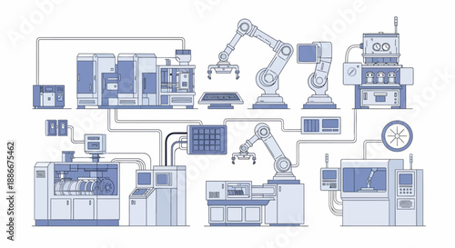 An intricate illustration depicting a modern automated factory with robotic arms, advanced machinery, and interconnected systems, showcasing industrial automation and smart manufacturing processes.