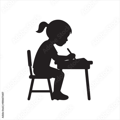  Silhouette of young girl studying at desk writing vector illustration