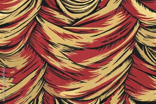 A red and gold fabric with black and gold stripes. The fabric is very textured and has a lot of detail
