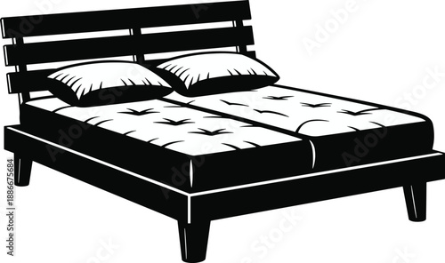 Black silhouette of wooden bed with slatted headboard, tufted mattresses, pillows, classic furniture design, cozy bedroom decor concept