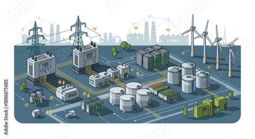 An illustrative depiction of a smart grid system, showcasing renewable energy sources like wind turbines and advanced energy storage solutions integrated with industrial infrastructure.