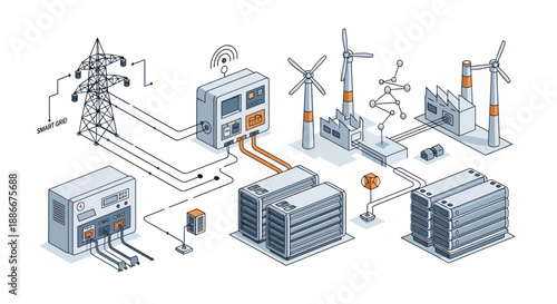 Smart grid technology integrating renewable energy sources like wind turbines and solar panels with battery storage and intelligent control systems for efficient power distribution.