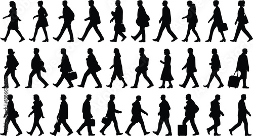 Black silhouettes of diverse people walking in various postures, carrying bags, briefcases, suitcases, human motion and crowd design concept