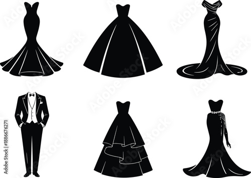 Black silhouettes of formal evening gowns and tuxedo, elegant fashion styles for weddings, galas, red carpet events, classic attire concept