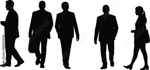 Black silhouettes of five business professionals walking and standing, male and female figures in formal attire, corporate office concept