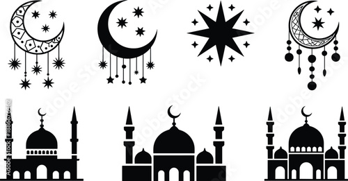 Black silhouettes of Islamic icons including crescent moon, mosque domes, stars, hanging ornaments, Ramadan and Eid religious design, spiritual concept