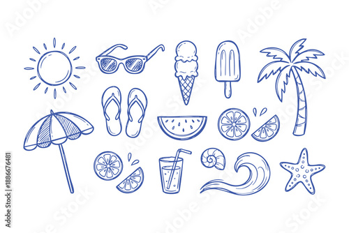 Summer beach icons hand drawn doodle set