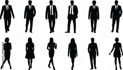 Black silhouettes of male and female professionals in business attire, standing and walking poses, corporate diversity and workplace concept