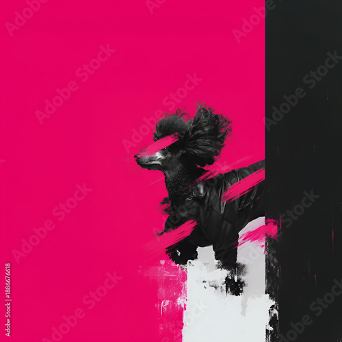 A beautiful and graceful black poodle on a contrasting pink and black background in a jacket illustration