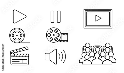  Cinema video production and multimedia icon collection outline style vector set