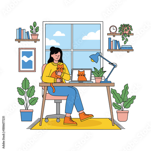 Woman Working at Home Office with Plants