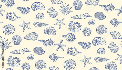 Seamless pattern with hand drawn seashells in retro marine doodle style. Nautical summer mood, elegant coastal texture, underwater ocean life repeat design hand drawn seashell vector background
