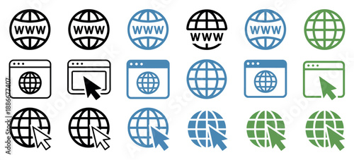 Website Browser Window and WWW Globe Icon Vector Set - Professional Internet Browser Interfaces and Global Network Symbols for Web Design and Digital Communication.