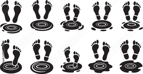 Footprints and ripples in water illustration set black white