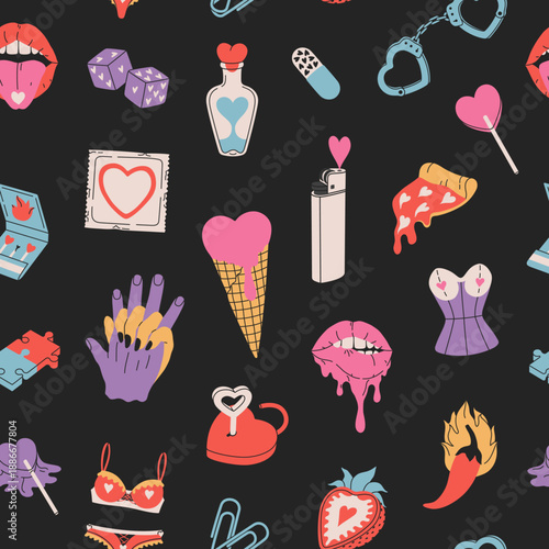 Cartoon seamless pattern with romantic elements. Vintage colorful background for Valentines Day and Love. Minimalist concept of passion, desire, intimate moment for print, wrapping paper, fabric