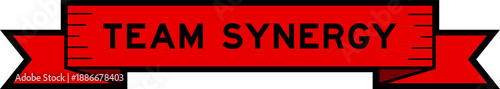 Ribbon label banner with word team synergy in red color on white background