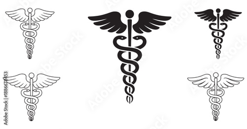 Set of Black Various Caduceus Medical Symbol Icon Outline Silhouettes, Healthcare Vector Collection, Medical Illustration, Hospital and Clinic Design, Isolated Line Art Graphics