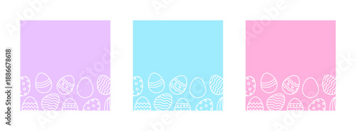 Easter backgrounds with white eggs set. Egg frame border. Banners collection. Egg frame border. Spring april holiday, celebration. Flat design. Vector illustration. Purple, blue, pink colors.