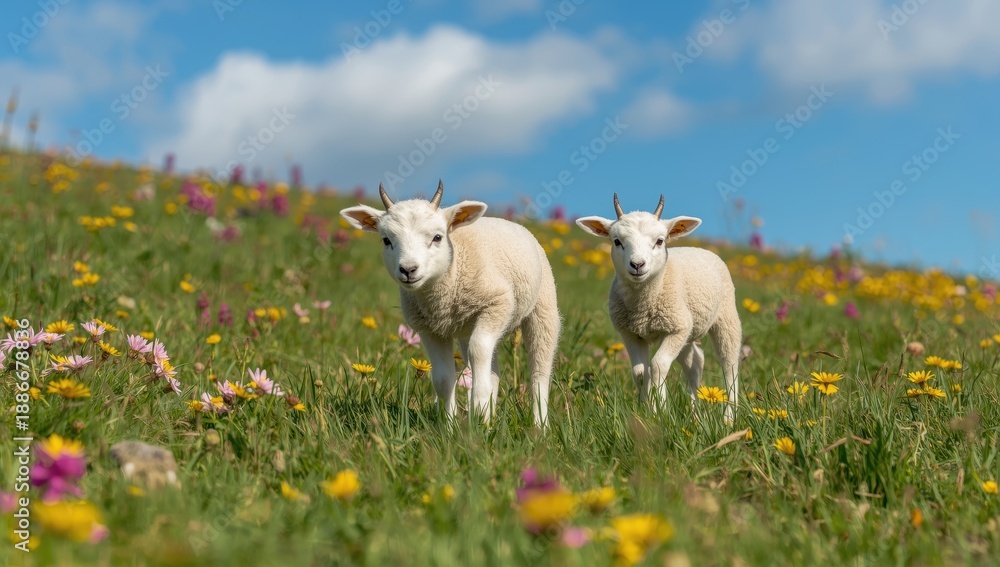 Obraz premium Lambs in a field during spring