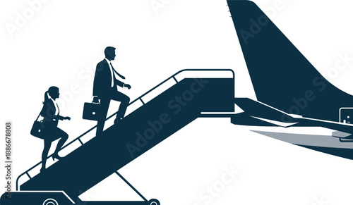 Business people walking up airplane stairs travel