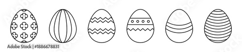 Vector icon set of Easter eggs. Holiday egg icons collection. Flat illustration. Polka dot pattern, waves, stripes, zigzags. Spring coloring book. Isolated on a white background. Festive april sign.